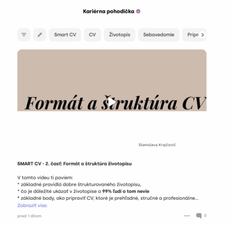 Online kurz SMART ŽIVOTOPIS ťa naučí spraviť CV ako tvoju vizitku, s tvojou hodnotou. Zbav sa pochybností, že to čo robíš nie je dosť!